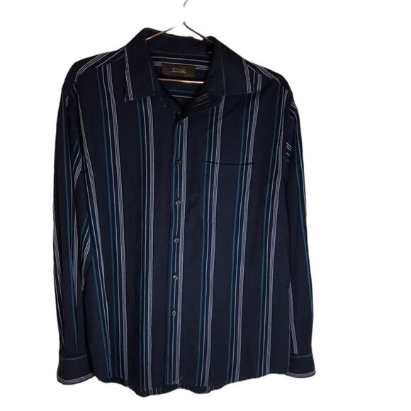 Tasso Elba Medium Dark Blue Striped Button Down Shirt - Picture 1 of 5